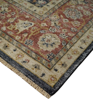 Hand Knotted Traditional Black, Rust and Beige Textured Low Pile Distressed Wool Rug