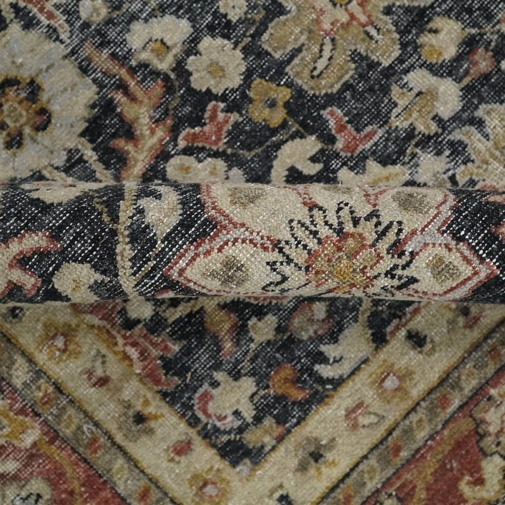Hand Knotted Traditional Black, Rust and Beige Textured Low Pile Distressed Wool Rug