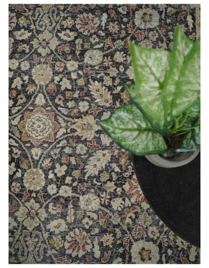 Hand Knotted Traditional Black, Rust and Beige Textured Low Pile Distressed Wool Rug