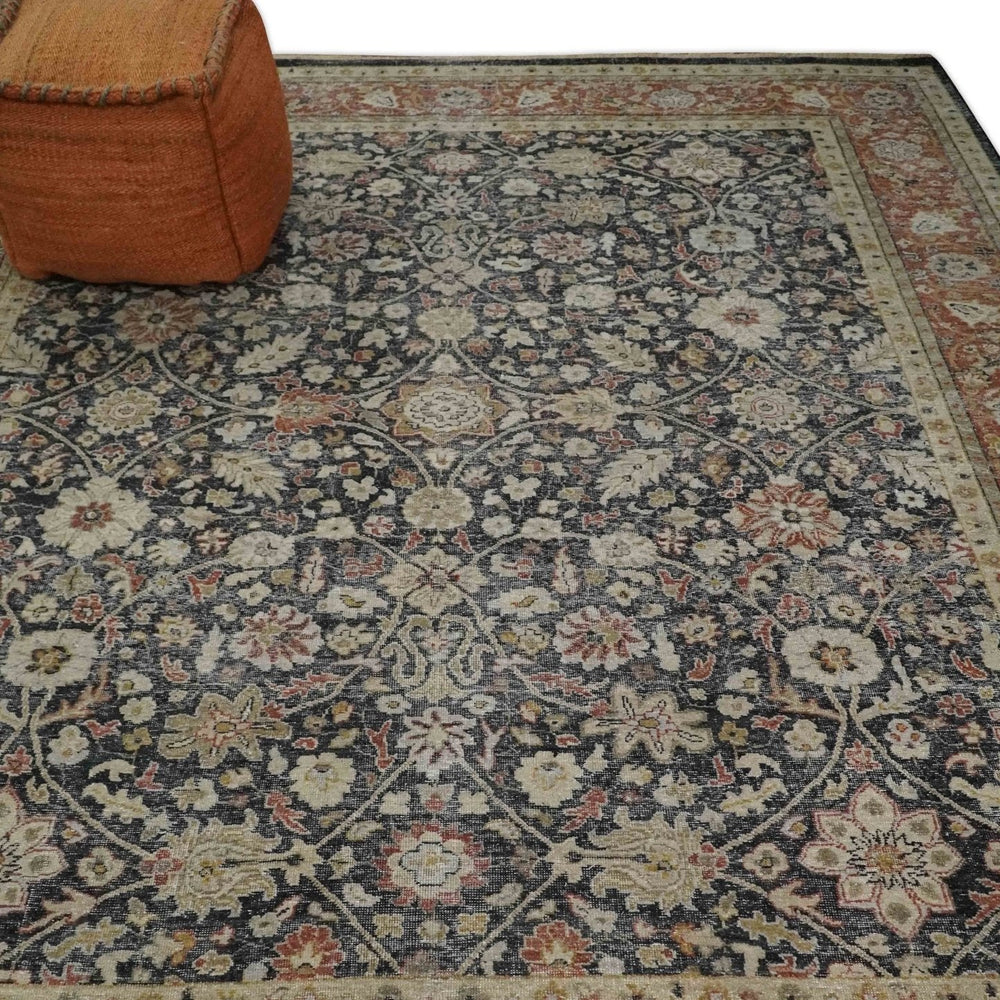 Hand Knotted Traditional Black, Rust and Beige Textured Low Pile Distressed Wool Rug