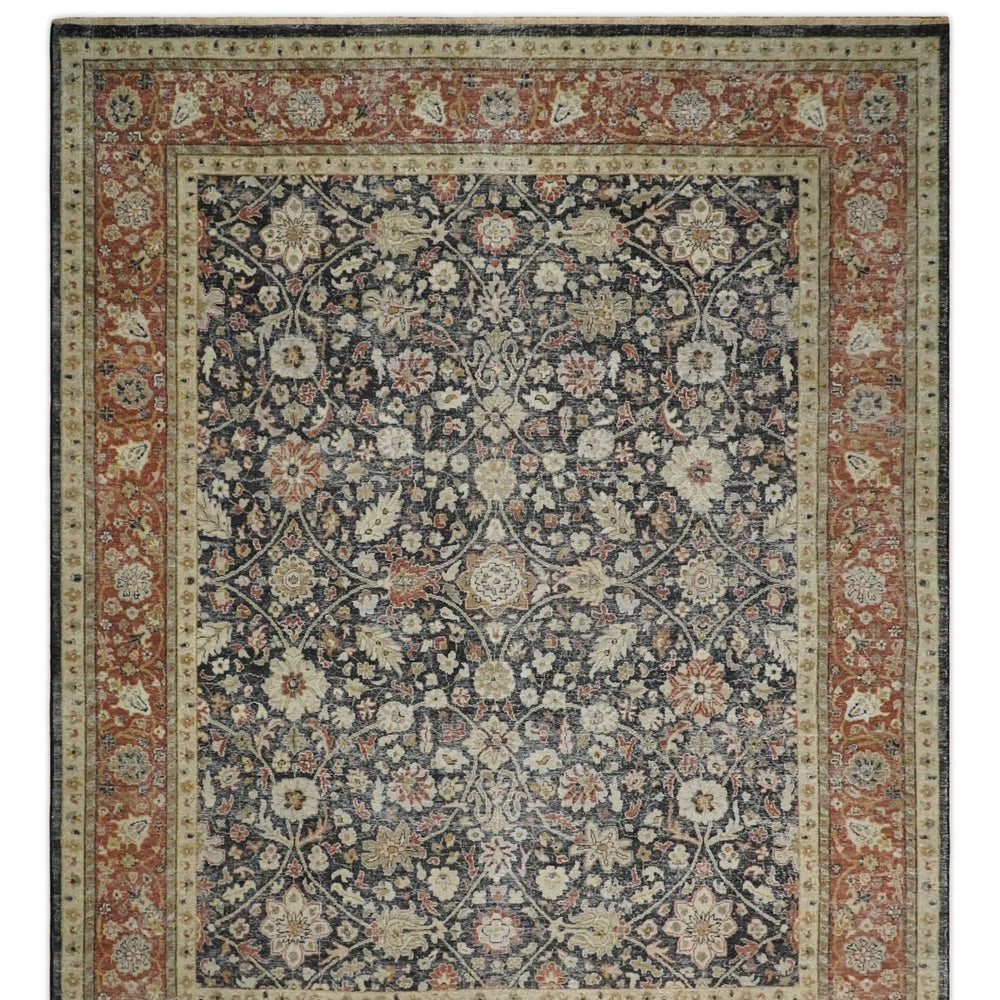 Hand Knotted Traditional Black, Rust and Beige Textured Low Pile Distressed Wool Rug