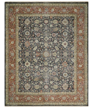 Hand Knotted Traditional Black, Rust and Beige Textured Low Pile Distressed Wool Rug