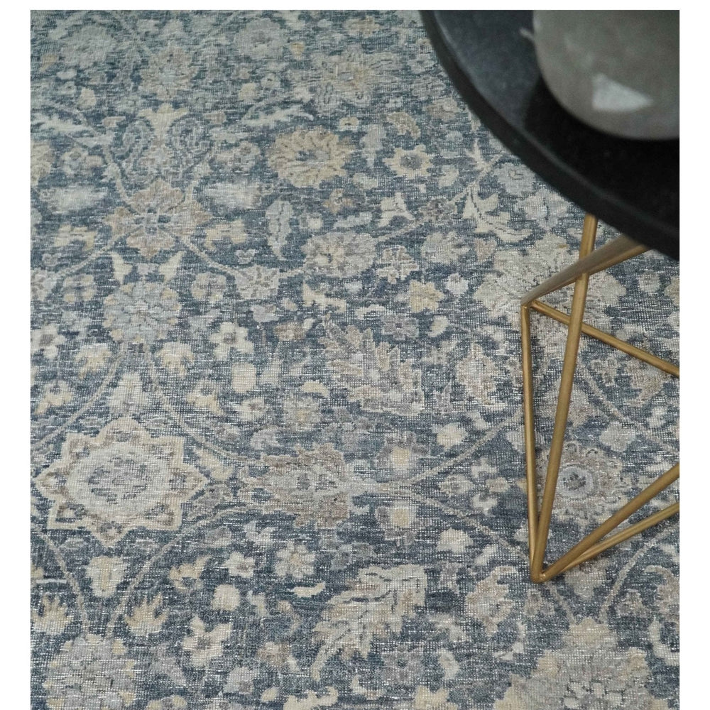 Custom Made Hand Knotted Traditional Blue and Beige Antique Textured Low Pile Distressed Wool Rug