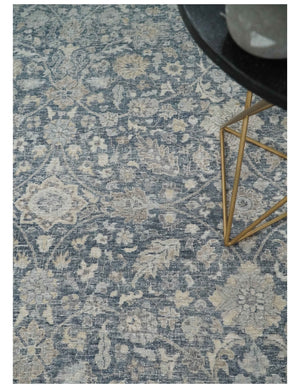 Custom Made Hand Knotted Traditional Blue and Beige Antique Textured Low Pile Distressed Wool Rug