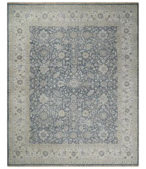 Custom Made Hand Knotted Traditional Blue and Beige Antique Textured Low Pile Distressed Wool Rug