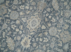 Custom Made Hand Knotted Traditional Blue and Beige Antique Textured Low Pile Distressed Wool Rug