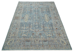Antique Distressed finished Blue, Beige and Brown Hand Knotted Oxidized 8x10 wool Area Rug