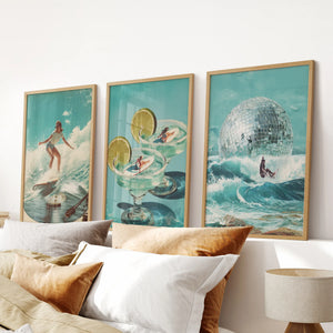 Retro Coastal Surfing Wall Art Set of 3. Surreal Blue Wave