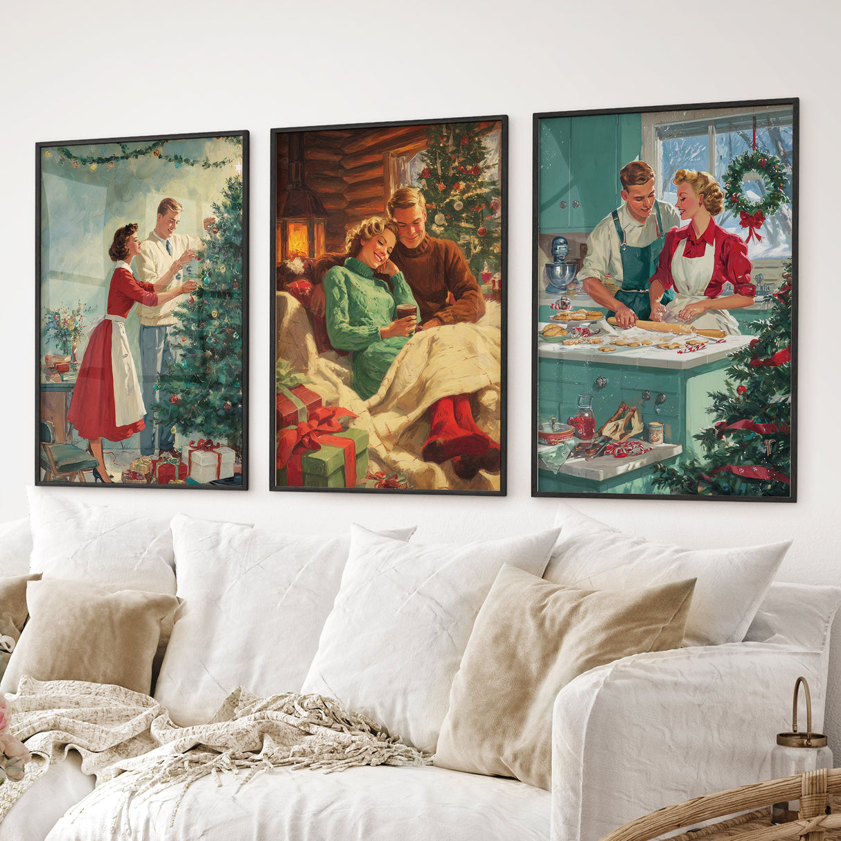 Nostalgic Christmas Decor. Cozy Retro Holiday Set of 3 Art