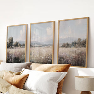 Pastel Meadow Landscape. Set of 3 Wildflower Prints