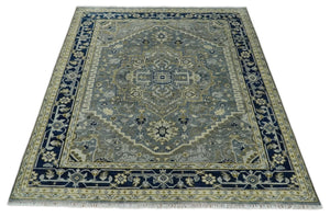 Vintage Style 8x10 Hand Knotted Heriz Serapi Gray, Beige and Blue Traditional Area Rug