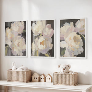 Moody Pink and White Peonies Art. Floral Set of 3 Prints