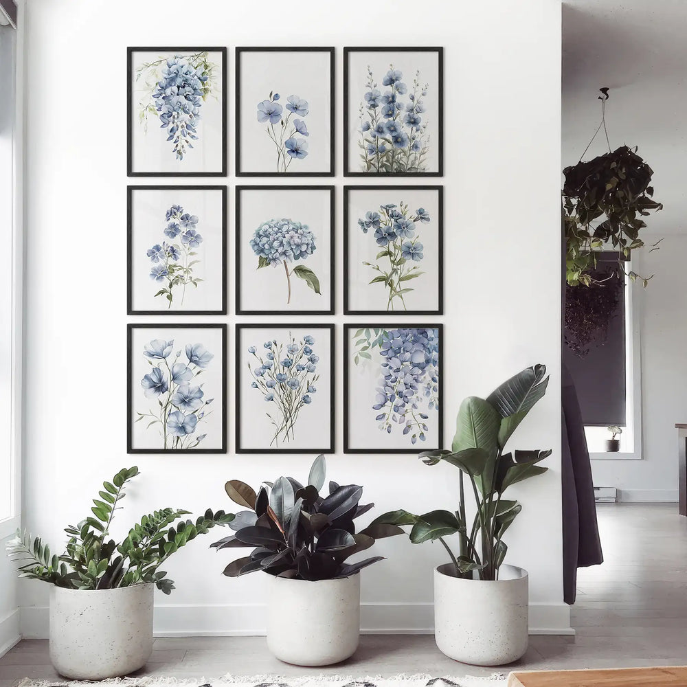 9 Piece Wall Art Decor. Blue Hydrangea Floral Posters