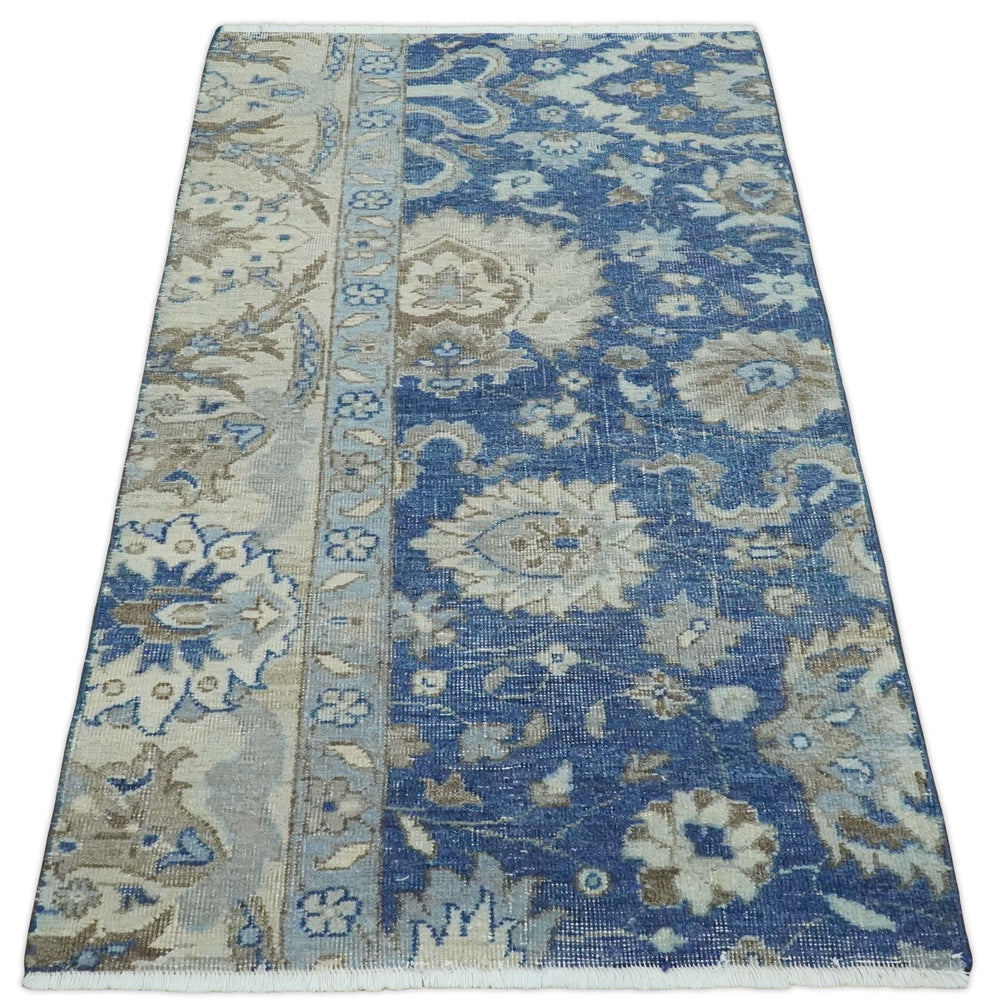 Hand Knotted 2x4 Blue and Beige Traditional Oxidized Textured Persian Wool Rug