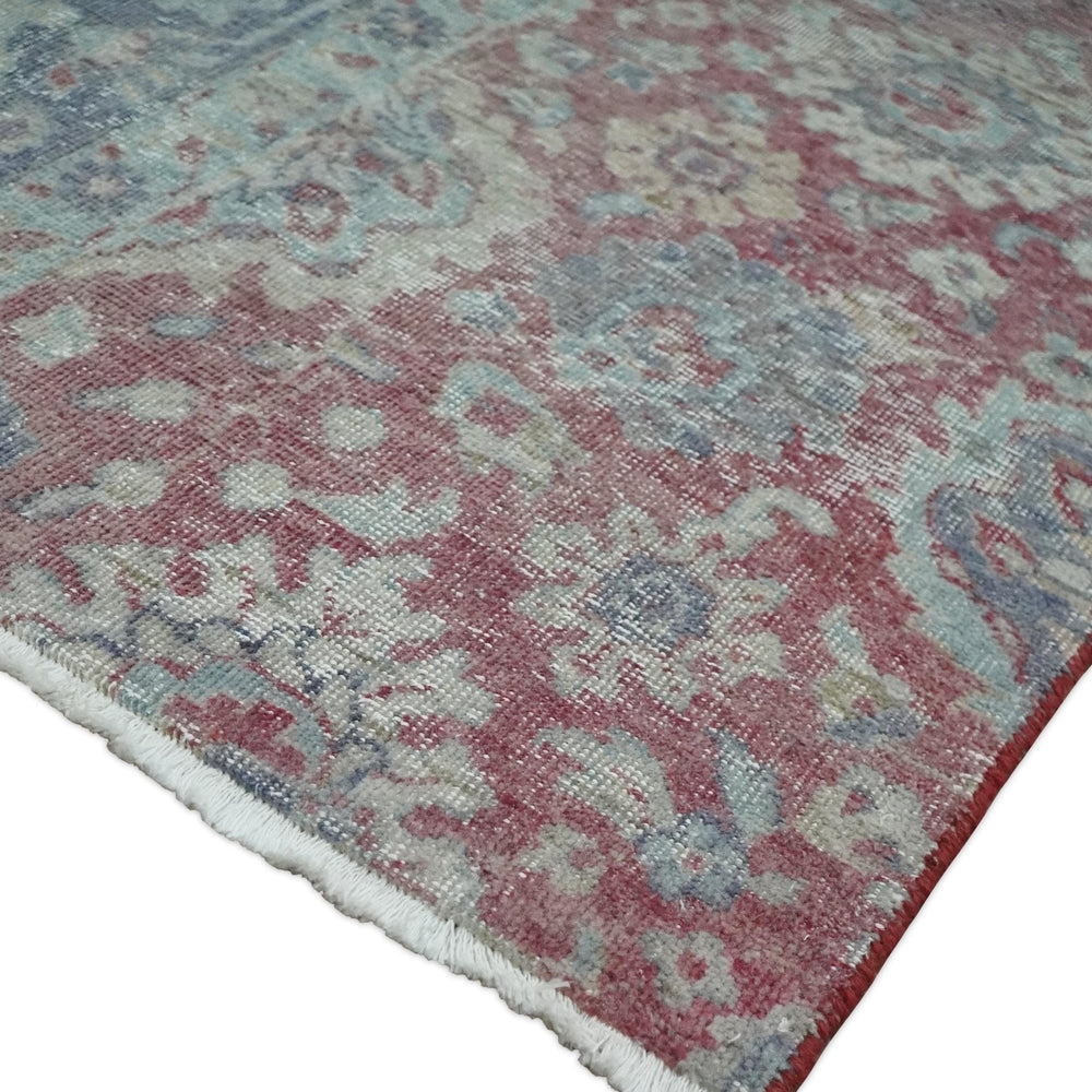 Vintage Hand Knotted 2x4 Maroon and Blue Traditional Oxidized Textured Wool Rug