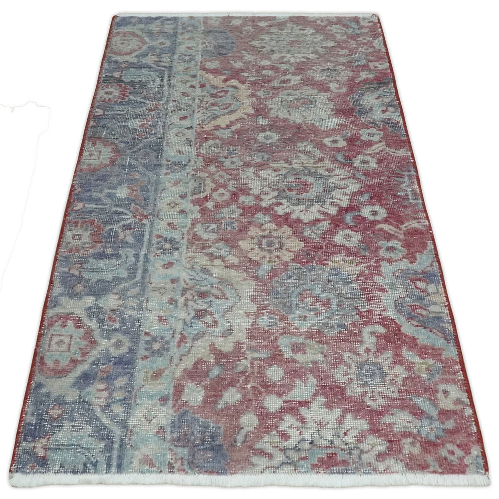 Vintage Hand Knotted 2x4 Maroon and Blue Traditional Oxidized Textured Wool Rug