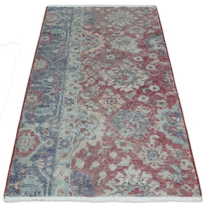 Vintage Hand Knotted 2x4 Maroon and Blue Traditional Oxidized Textured Wool Rug