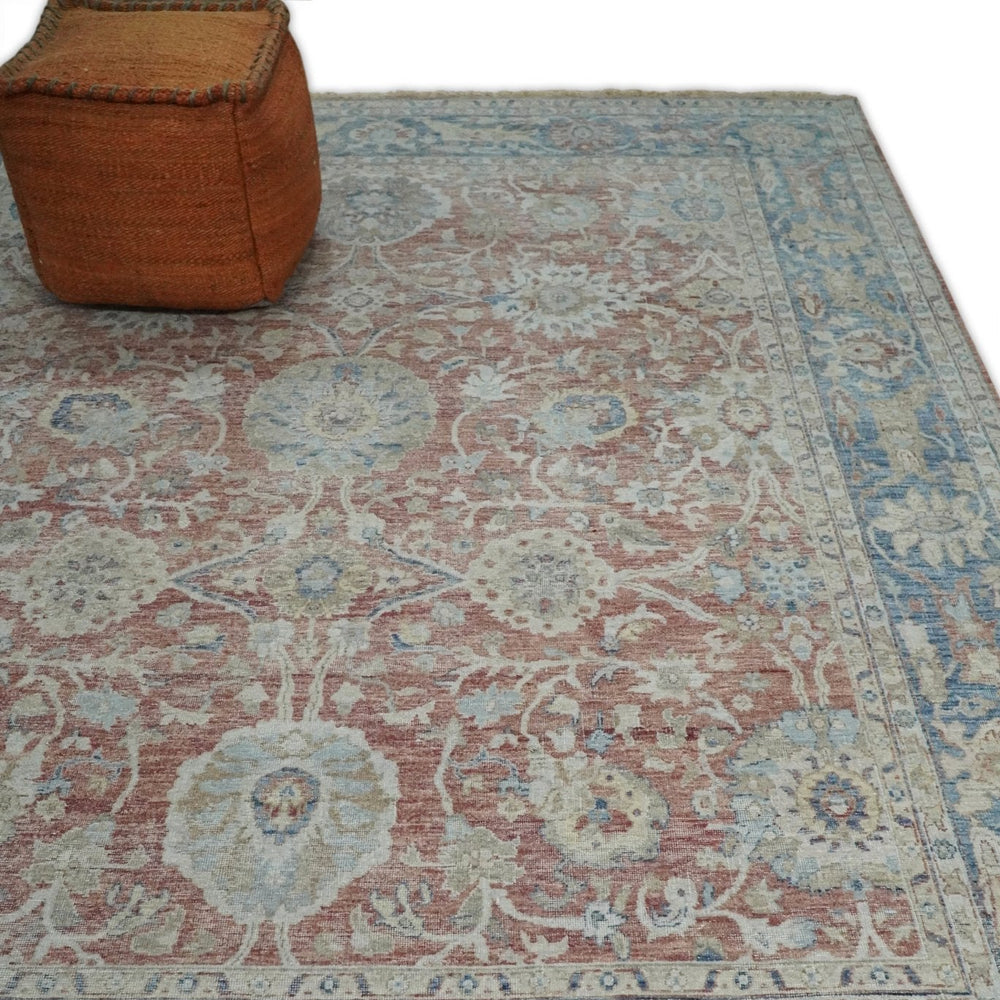 Vintage Hand Knotted 8x10 Rust and Blue Traditional Oxidized Textured Persian Low Pile Wool Rug | TRD2601