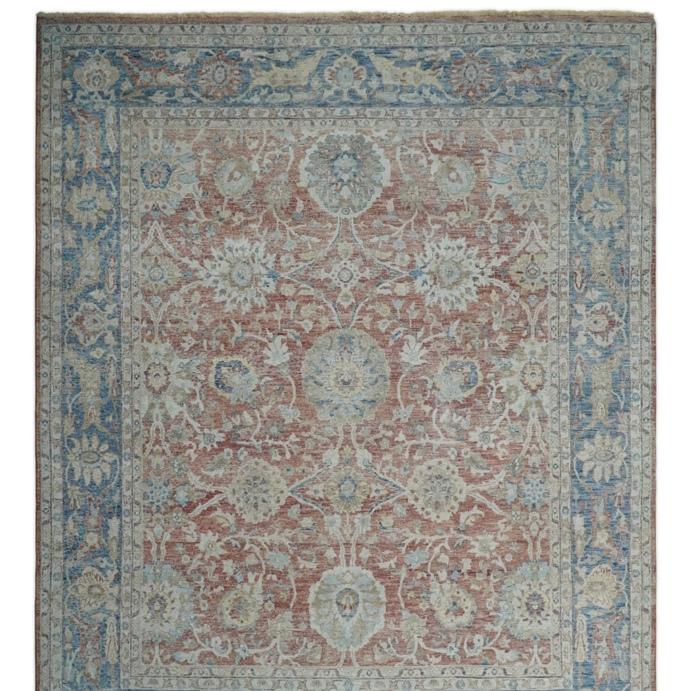 Vintage Hand Knotted 8x10 Rust and Blue Traditional Oxidized Textured Persian Low Pile Wool Rug | TRD2601