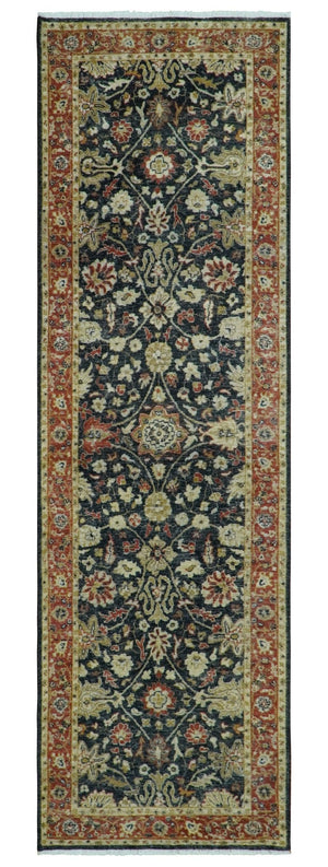 Hand Knotted Traditional Black, Rust and Beige Textured Low Pile Distressed Wool Rug
