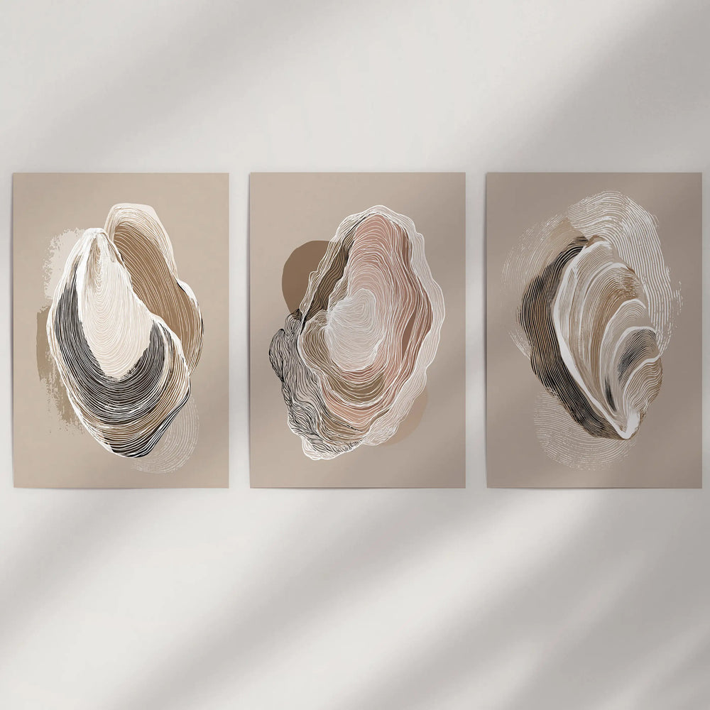 Vintage Oyster Shell Sketch. Minimalist Coastal Wall Art Set
