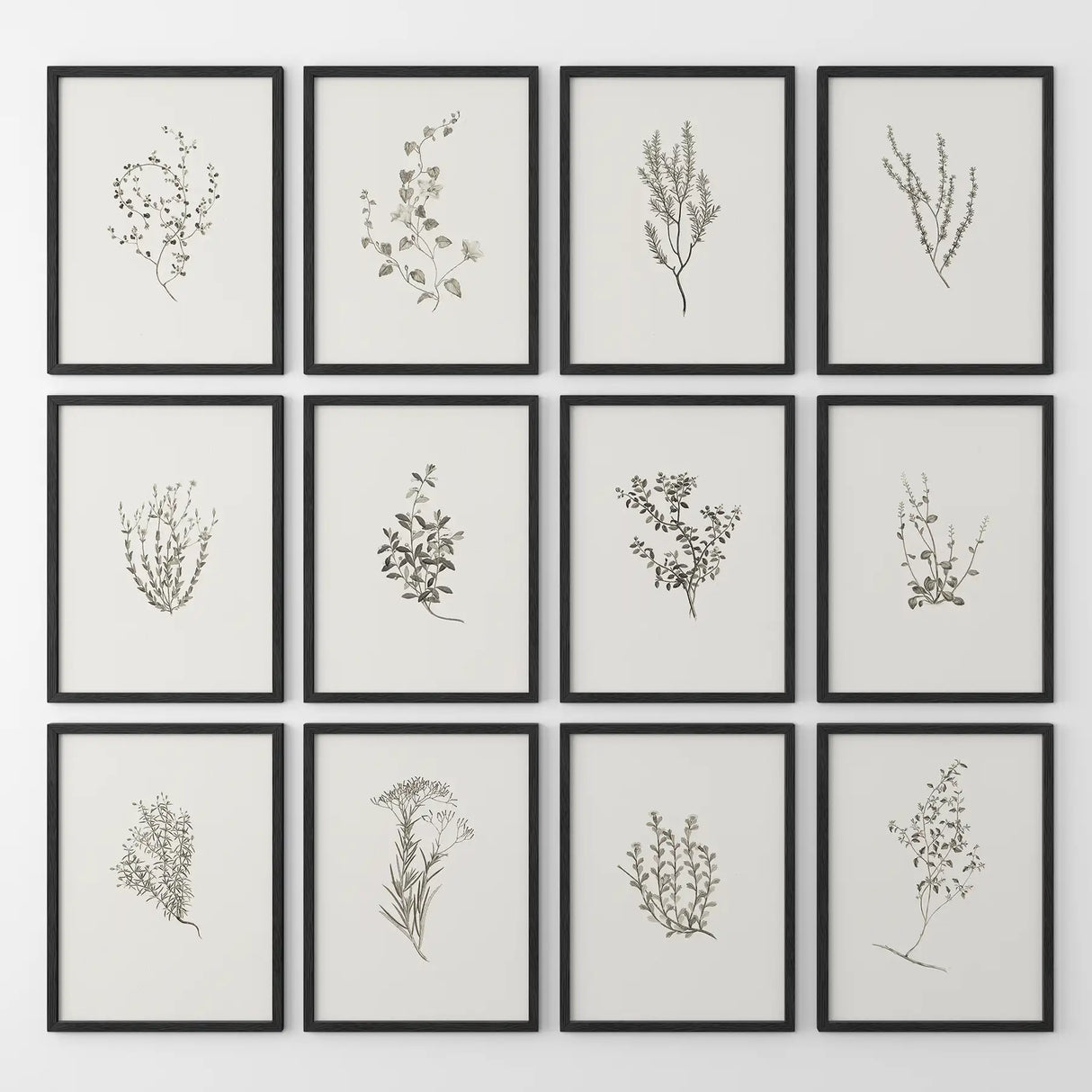 Minimalist Herbal Botanical Wall Art. Vintage Set of 12 Prints