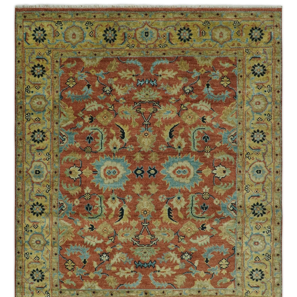 Vintage Style 8x10 Traditional Floral Rust and Olive Oriental Oushak wool area rug
