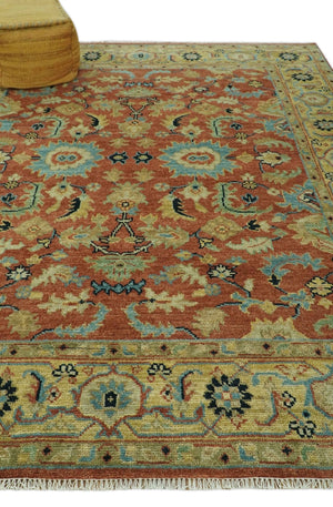 Vintage Style 8x10 Traditional Floral Rust and Olive Oriental Oushak wool area rug