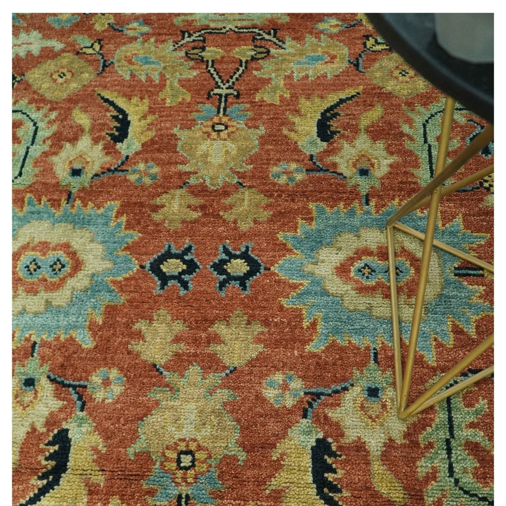 Vintage Style 8x10 Traditional Floral Rust and Olive Oriental Oushak wool area rug