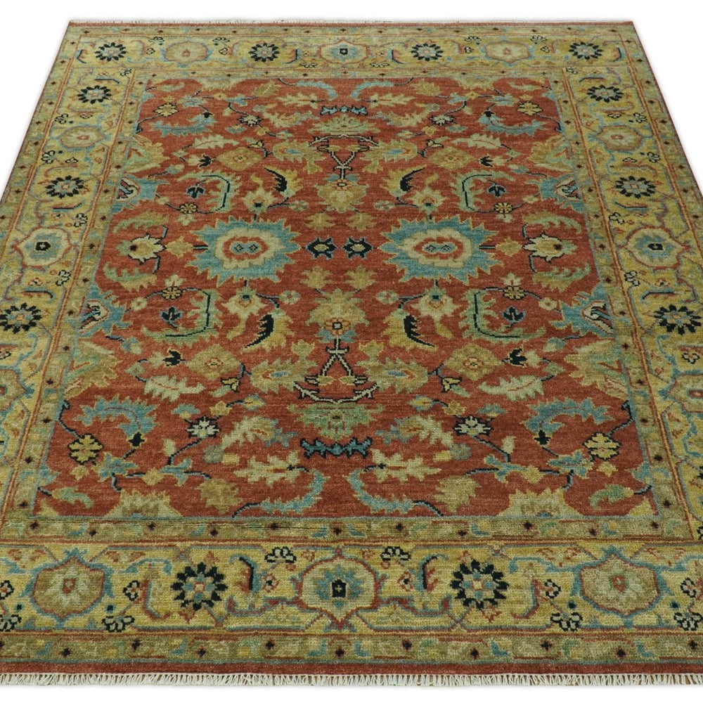 Vintage Style 8x10 Traditional Floral Rust and Olive Oriental Oushak wool area rug