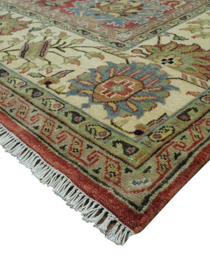 Vintage Style 9x12 Fine Hand Knotted Rust, Olive and Beige Traditional Serapi wool rug