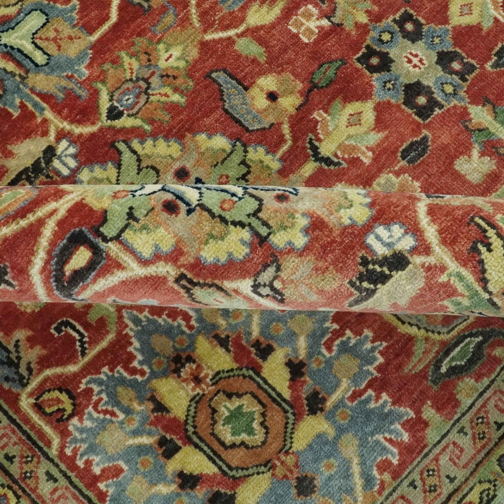 Vintage Style 9x12 Fine Hand Knotted Rust, Olive and Beige Traditional Serapi wool rug