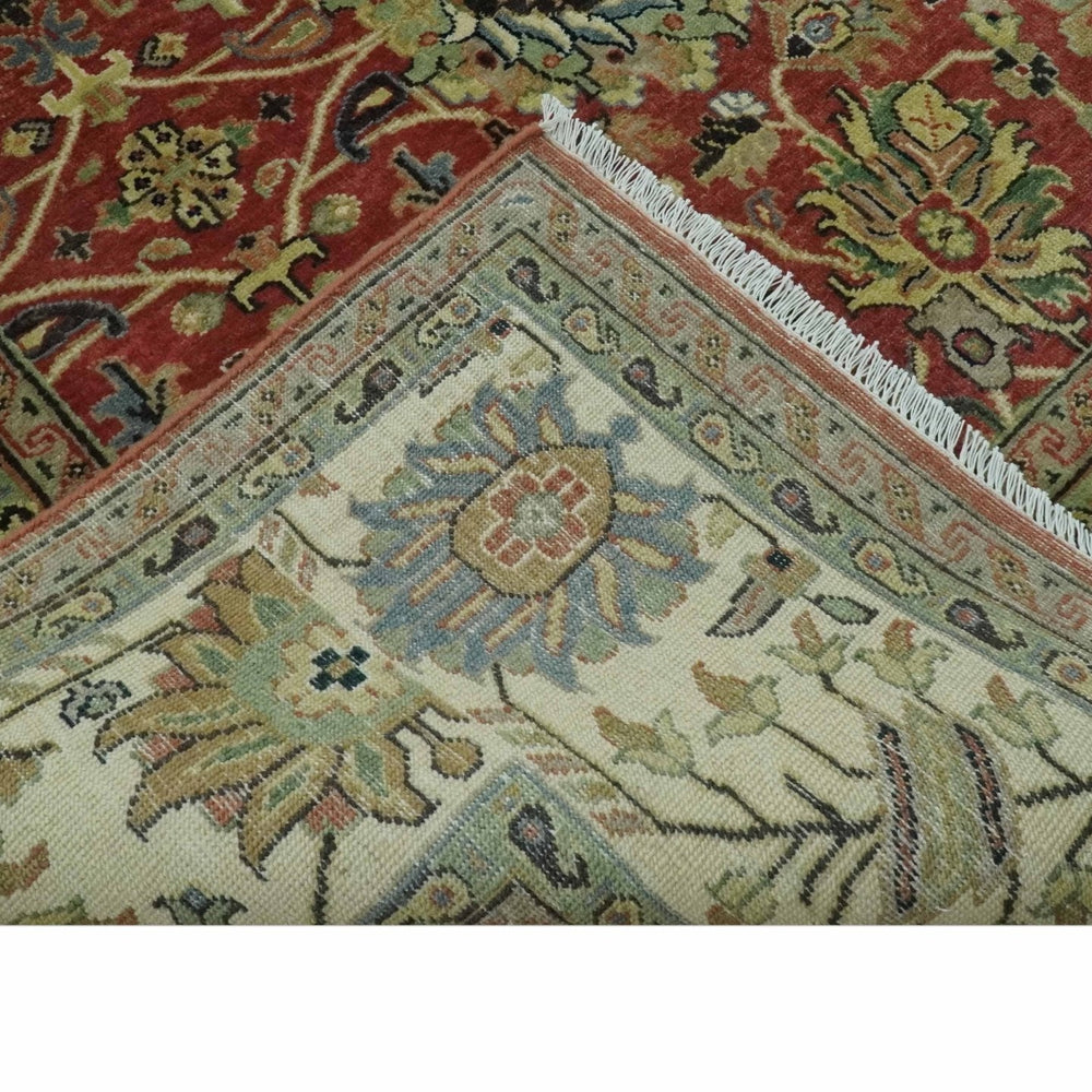 Vintage Style 9x12 Fine Hand Knotted Rust, Olive and Beige Traditional Serapi wool rug