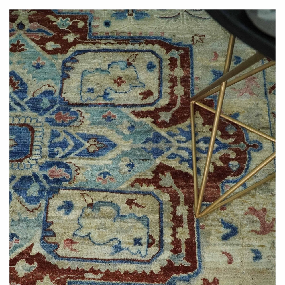 Vintage Style Beige, Aqua and Brown Hand Knotted Traditional Heriz 8x10 wool area Rug