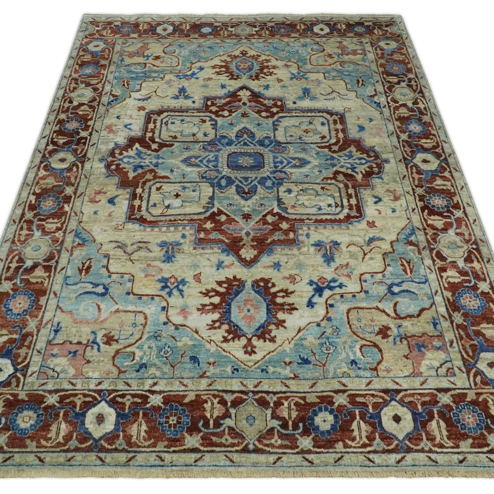 Vintage Style Beige, Aqua and Brown Hand Knotted Traditional Heriz 8x10 wool area Rug