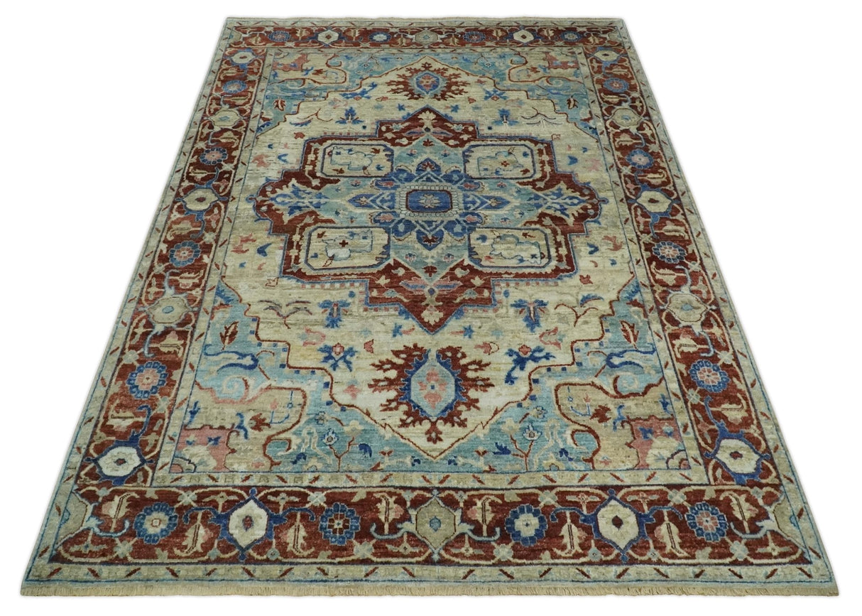 Vintage Style Beige, Aqua and Brown Hand Knotted Traditional Heriz 8x10 wool area Rug