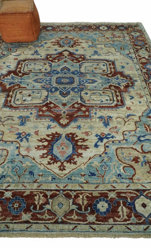 Vintage Style Beige, Aqua and Brown Hand Knotted Traditional Heriz 8x10 wool area Rug