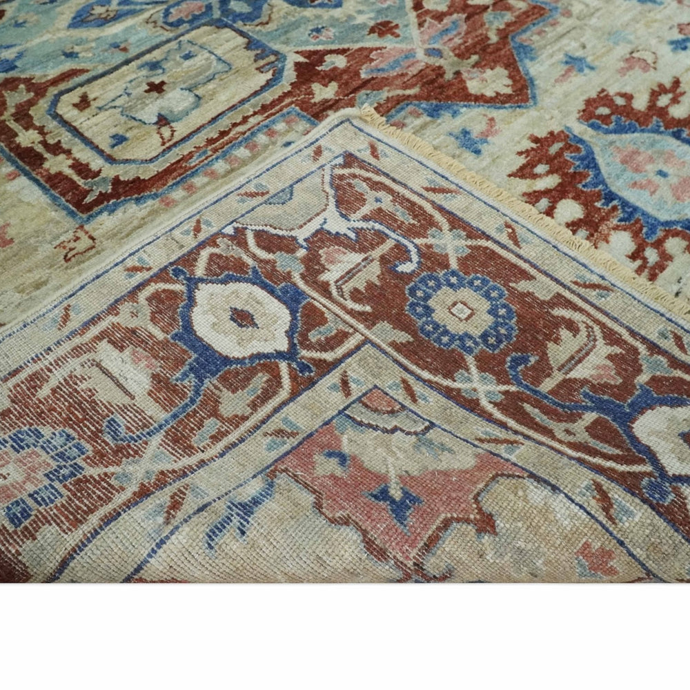 Vintage Style Beige, Aqua and Brown Hand Knotted Traditional Heriz 8x10 wool area Rug