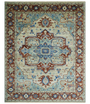 Vintage Style Beige, Aqua and Brown Hand Knotted Traditional Heriz 8x10 wool area Rug