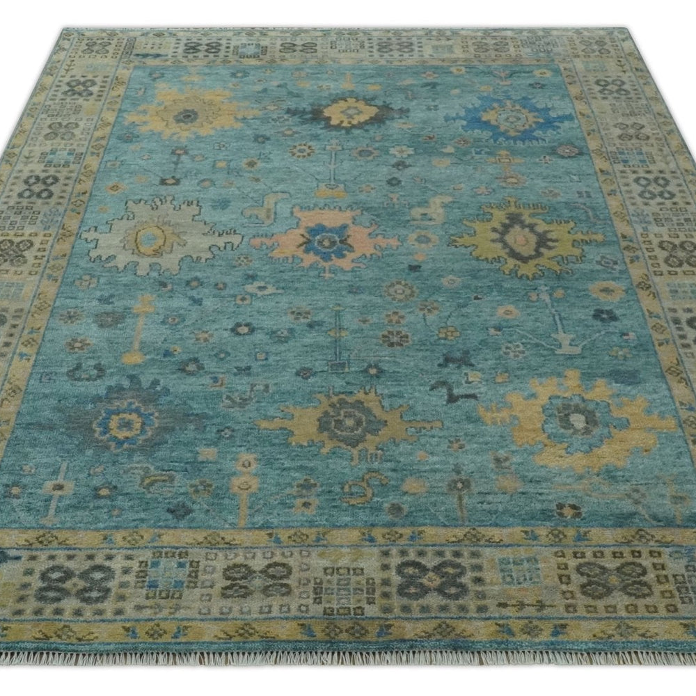 Vintage Style Blue, Beige and silver Hand Knotted Traditional Oushak wool area Rug
