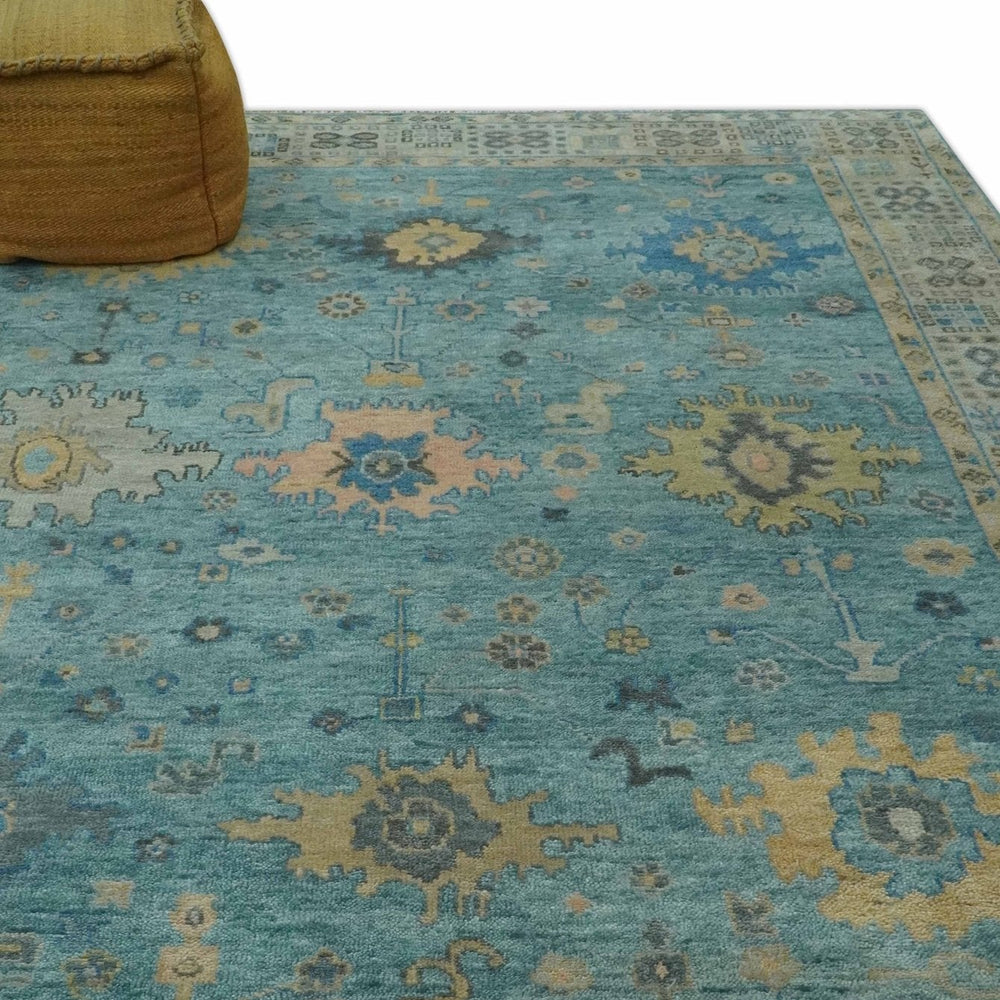 Vintage Style Blue, Beige and silver Hand Knotted Traditional Oushak wool area Rug
