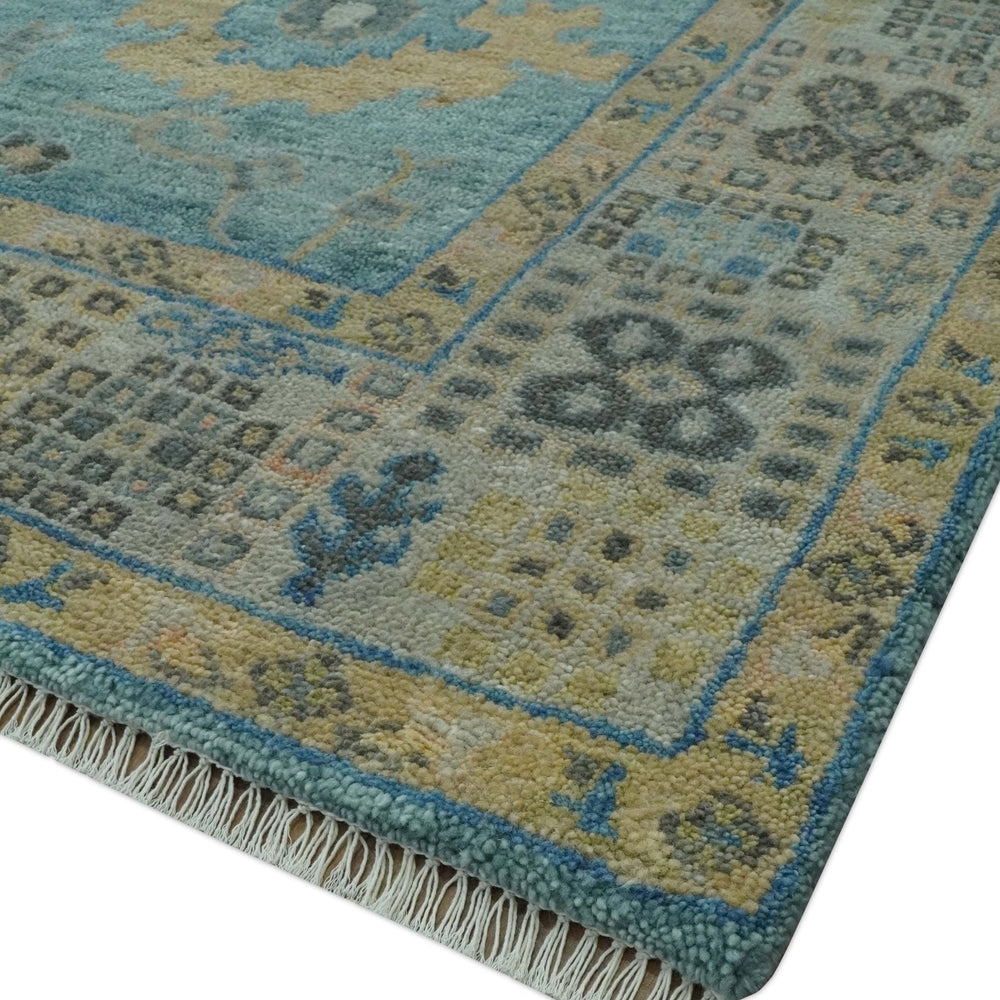 Vintage Style Blue, Beige and silver Hand Knotted Traditional Oushak wool area Rug