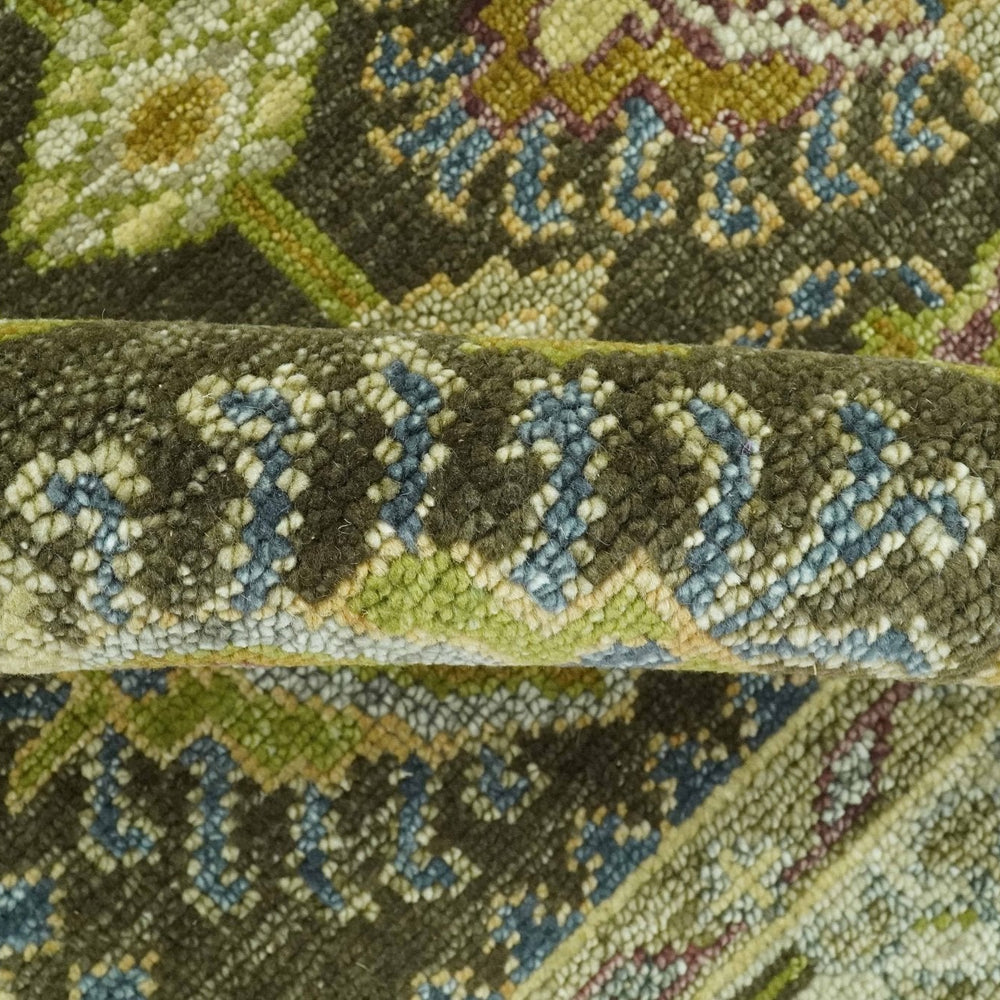 Vintage Style Earthy Green and Silver Traditional Hand Knotted Multi Size wool area rug