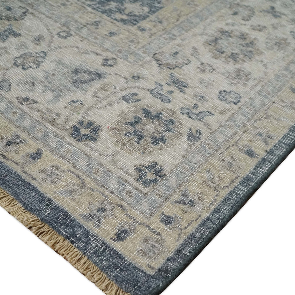 Vintage Style Hand Knotted 9x12 Traditional Blue and Beige Antique Textured Low Pile Distressed Wool Rug