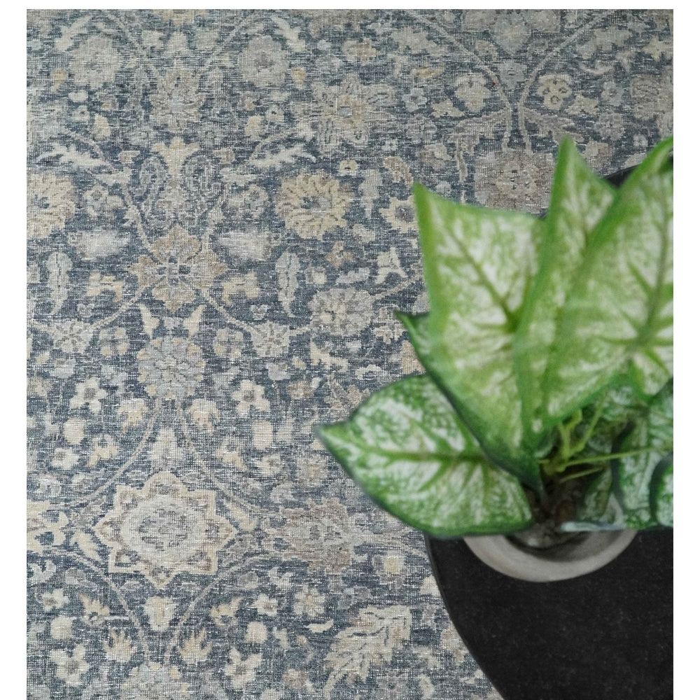 Vintage Style Hand Knotted 9x12 Traditional Blue and Beige Antique Textured Low Pile Distressed Wool Rug
