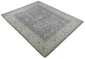 Vintage Style Hand Knotted 9x12 Traditional Blue and Beige Antique Textured Low Pile Distressed Wool Rug