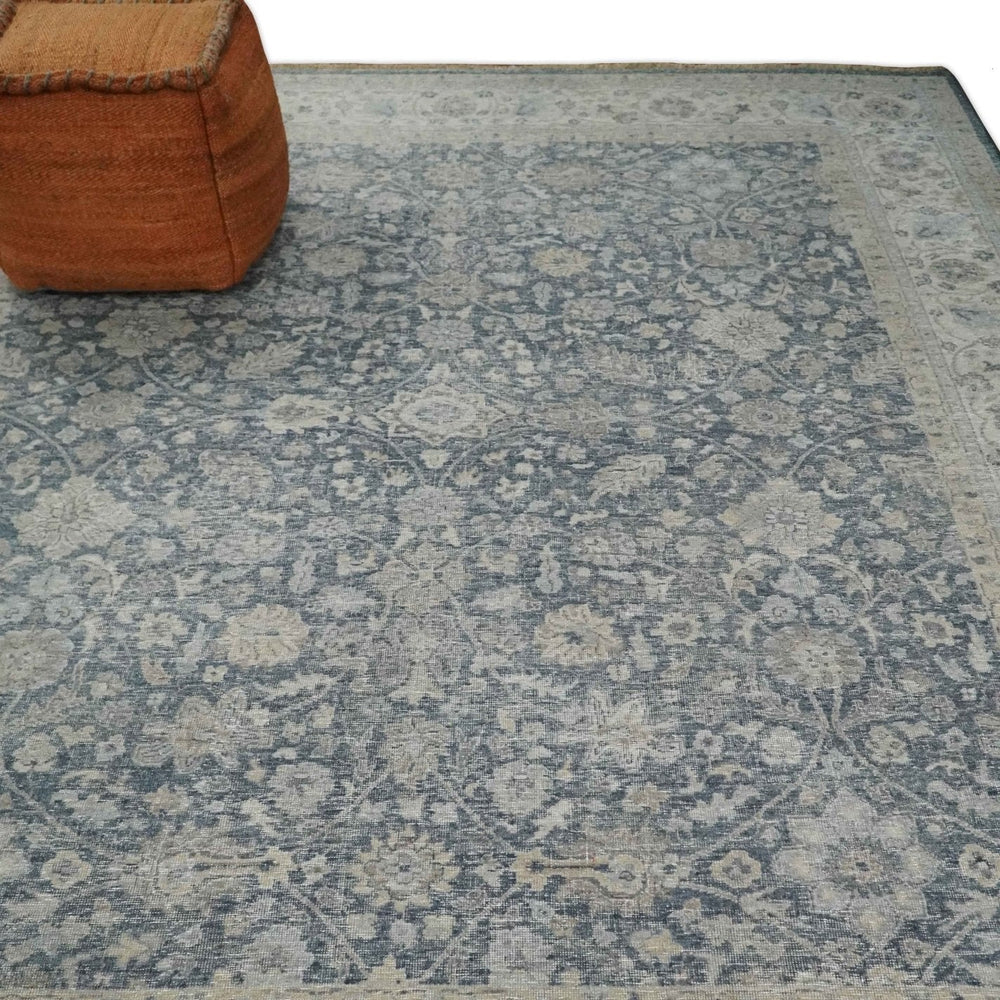 Vintage Style Hand Knotted 9x12 Traditional Blue and Beige Antique Textured Low Pile Distressed Wool Rug