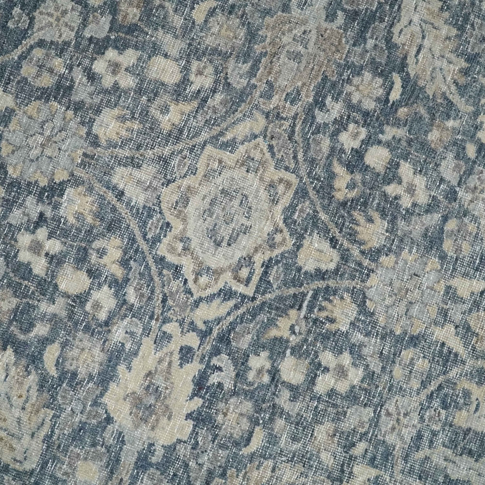 Vintage Style Hand Knotted 9x12 Traditional Blue and Beige Antique Textured Low Pile Distressed Wool Rug