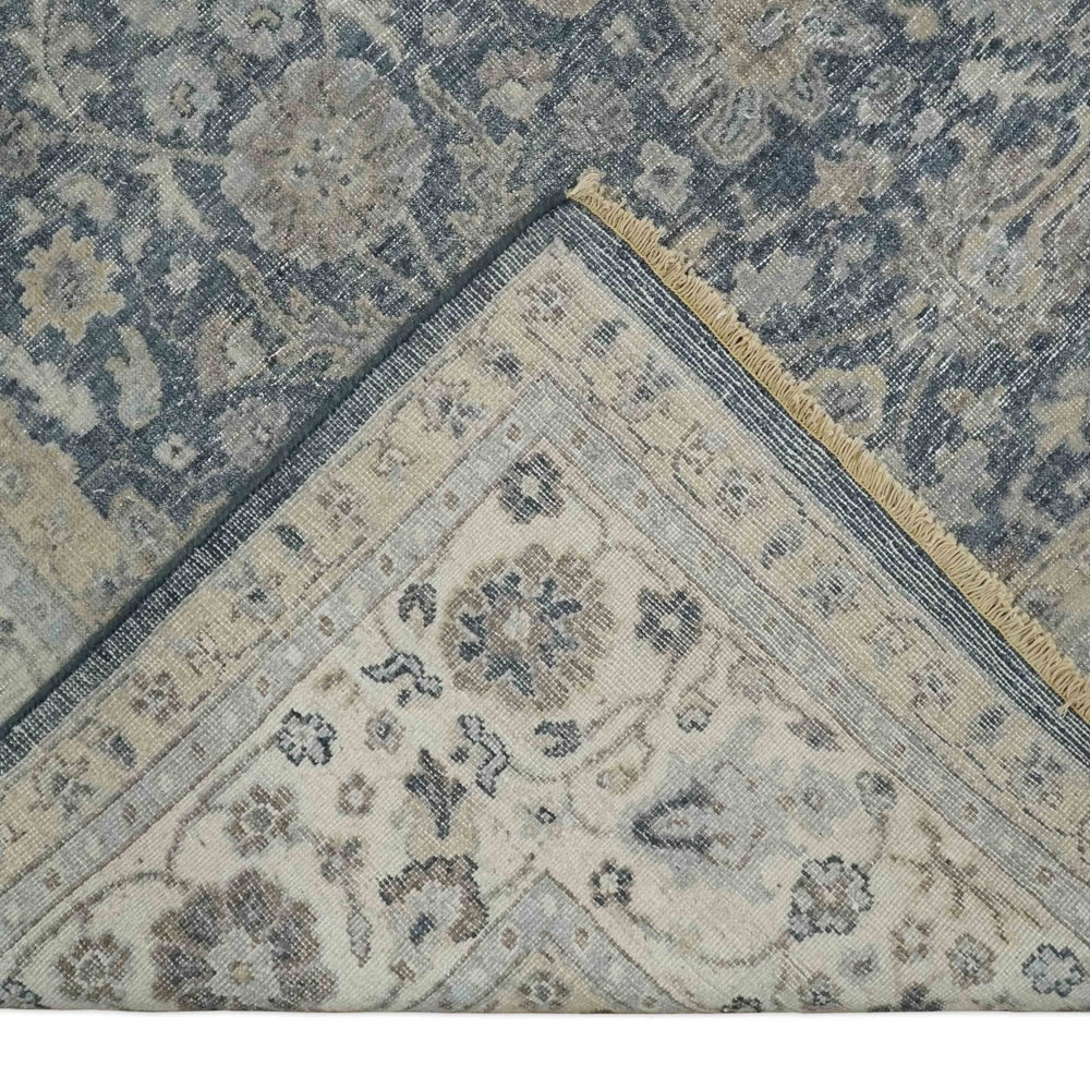 Vintage Style Hand Knotted 9x12 Traditional Blue and Beige Antique Textured Low Pile Distressed Wool Rug
