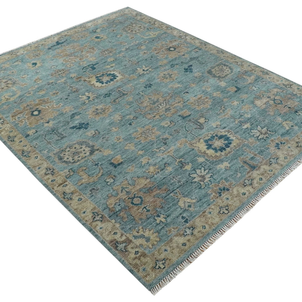 Vintage Style Light Blue and Brown Hand knotted Oushak Multi Size wool Area Rug